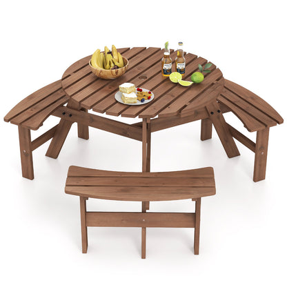 6-Person Round Picnic Table Set with 3 Built-in Benches and Umbrella Hole-Brown