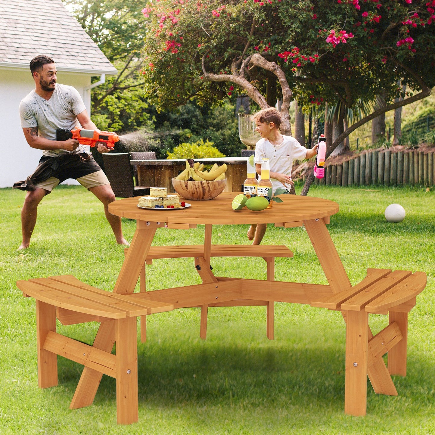 6-Person Round Picnic Table Set with 3 Built-in Benches and Umbrella Hole-Brown