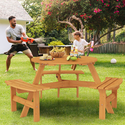 6-Person Round Picnic Table Set with 3 Built-in Benches and Umbrella Hole-Brown