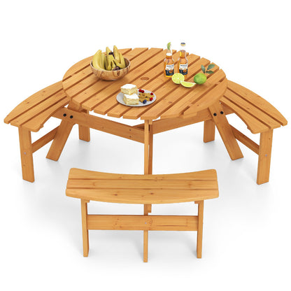 6-Person Round Picnic Table Set with 3 Built-in Benches and Umbrella Hole-Brown