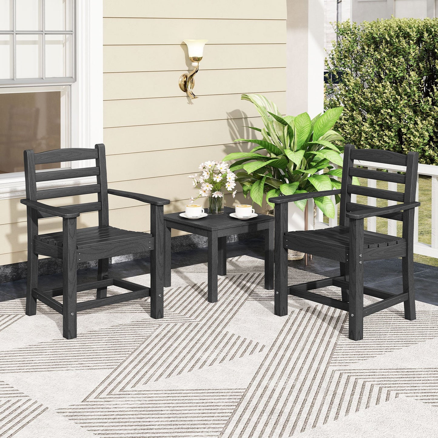 HDPE All Weather Patio Dining Chairs Set of 2 with Wide Armrests-Black