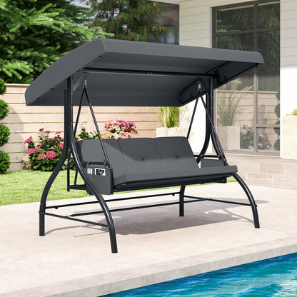 3-Piece Patio Swing with Canopy Removable Cushions and Side Pockets-Beige
