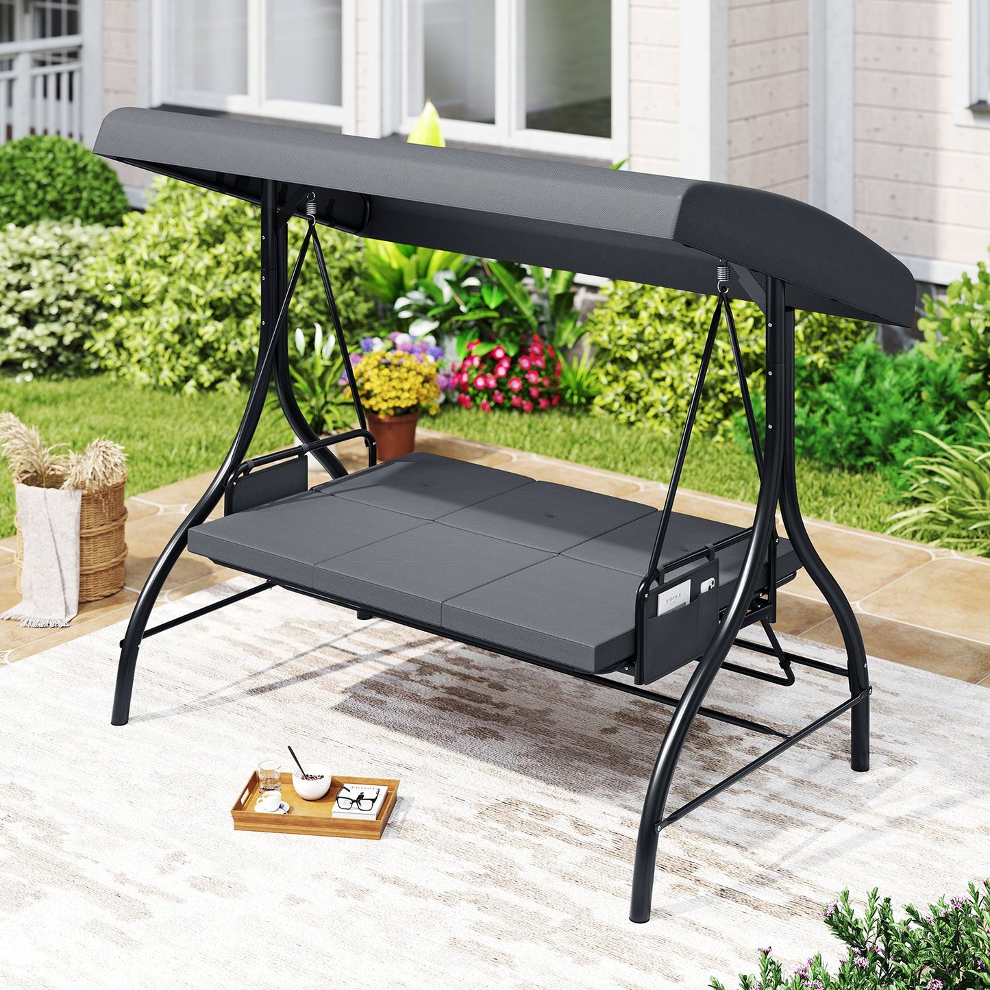 3-Piece Patio Swing with Canopy Removable Cushions and Side Pockets-Beige