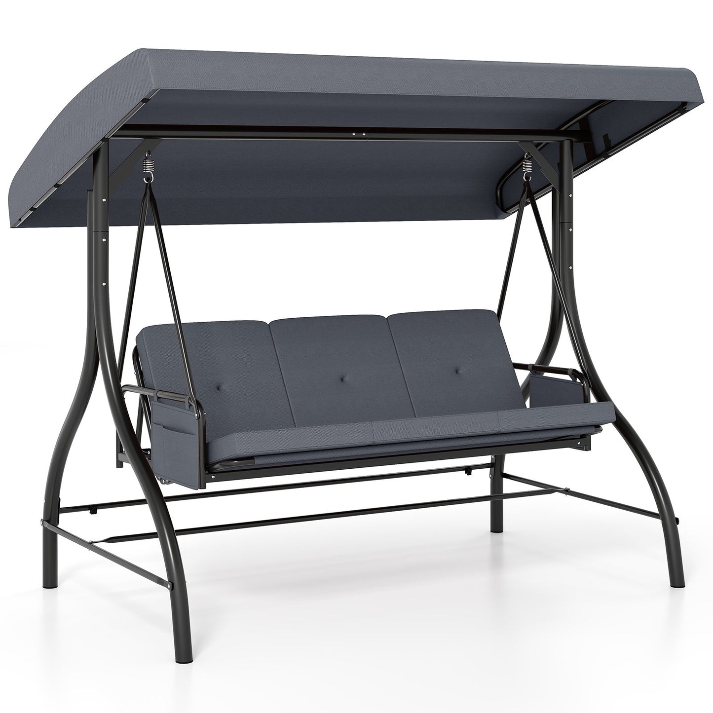 3-Piece Patio Swing with Canopy Removable Cushions and Side Pockets-Beige