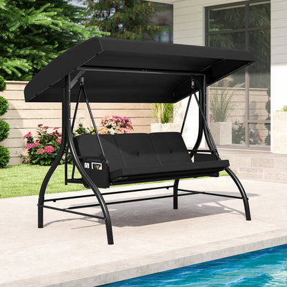 3-Piece Patio Swing with Canopy Removable Cushions and Side Pockets-Beige