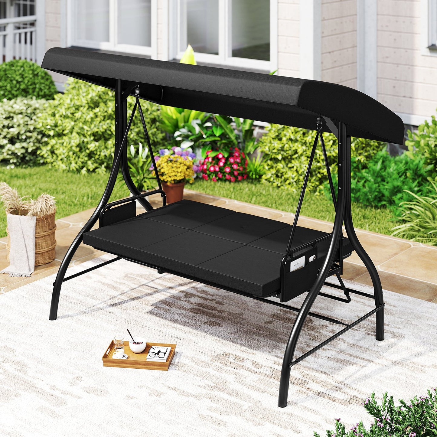 3-Piece Patio Swing with Canopy Removable Cushions and Side Pockets-Beige