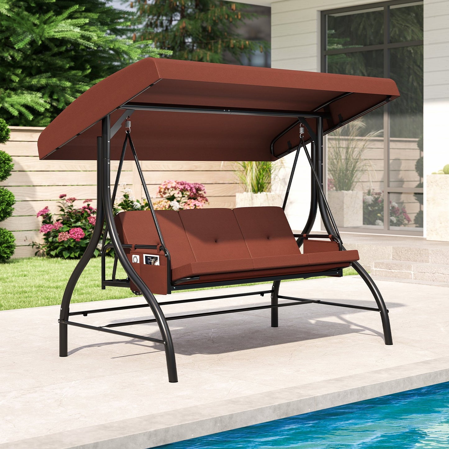 3-Piece Patio Swing with Canopy Removable Cushions and Side Pockets-Beige