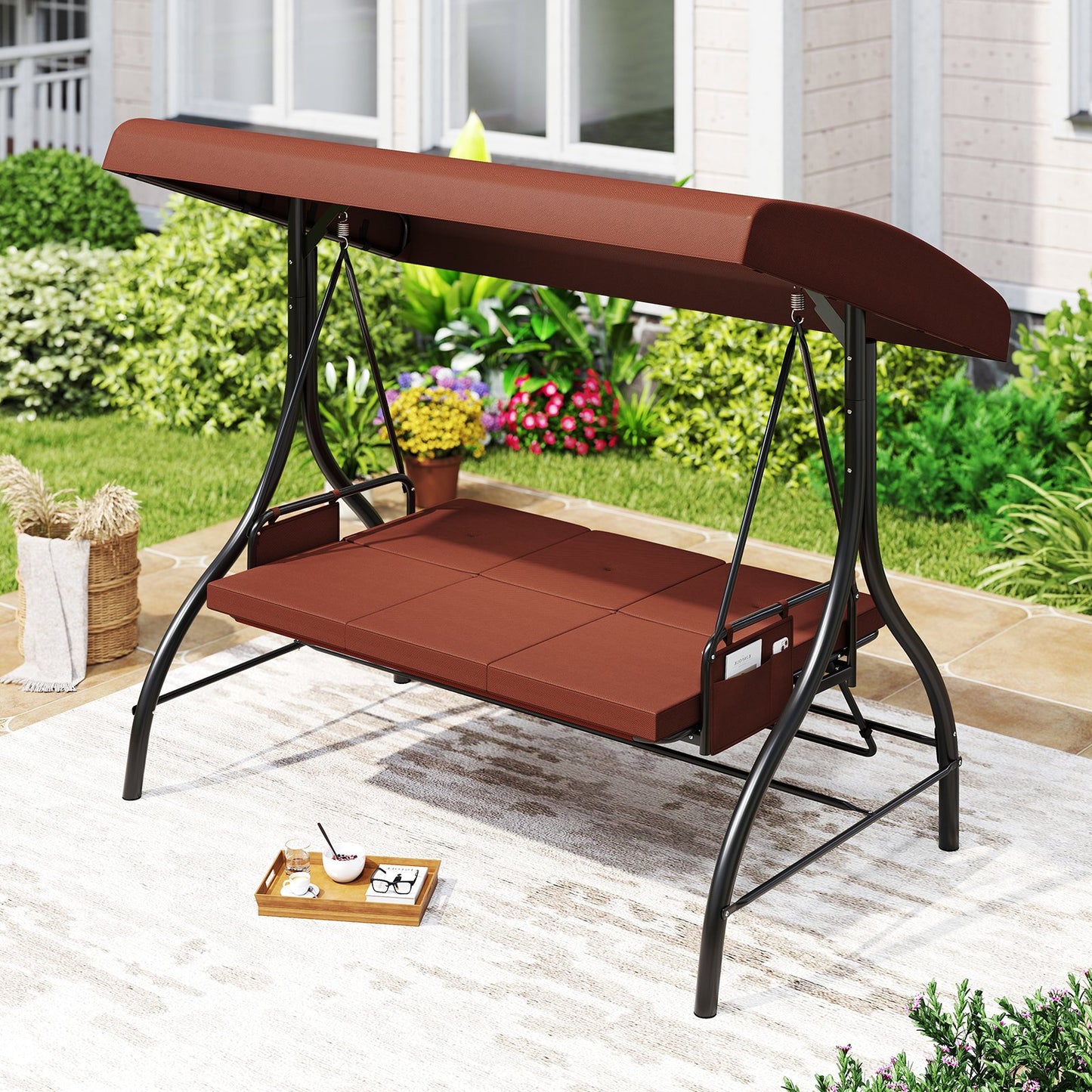 3-Piece Patio Swing with Canopy Removable Cushions and Side Pockets-Beige