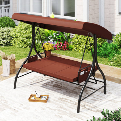 3-Piece Patio Swing with Canopy Removable Cushions and Side Pockets-Beige