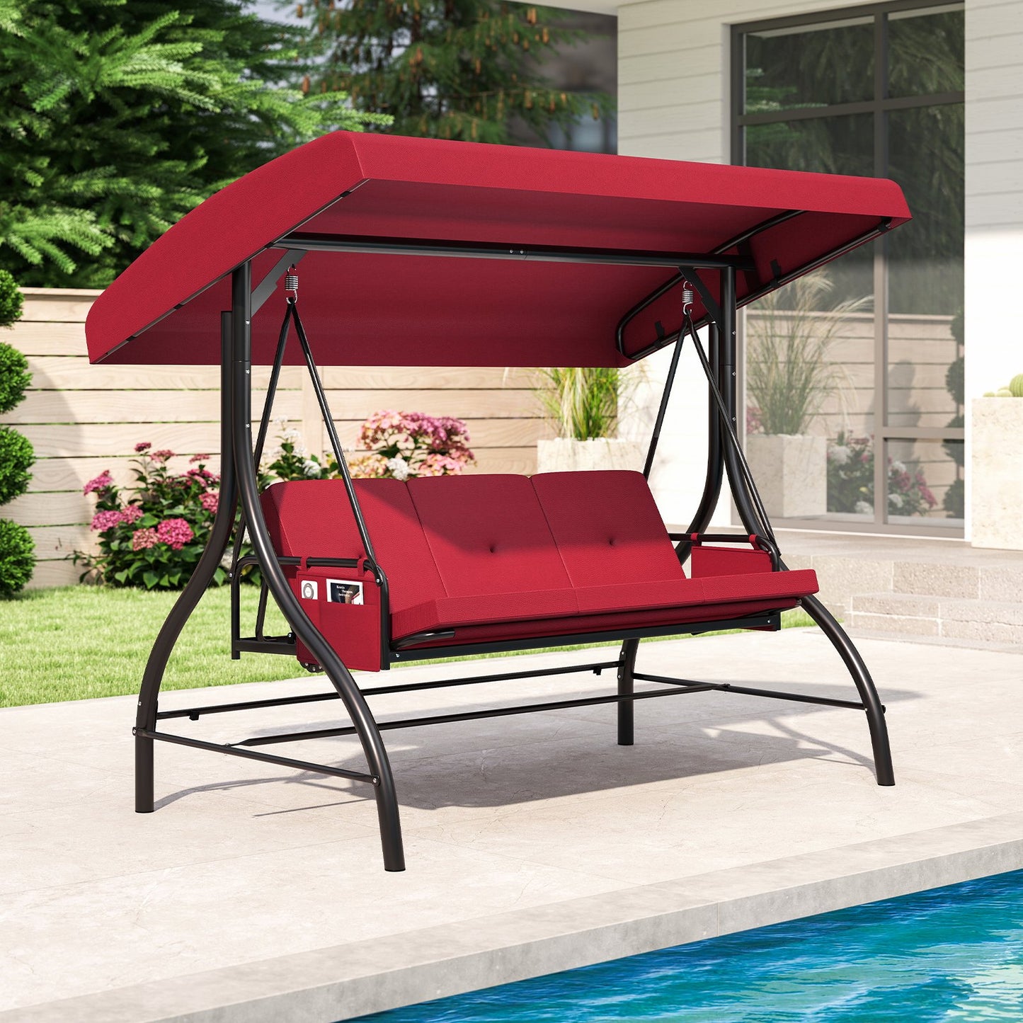 3-Piece Patio Swing with Canopy Removable Cushions and Side Pockets-Beige