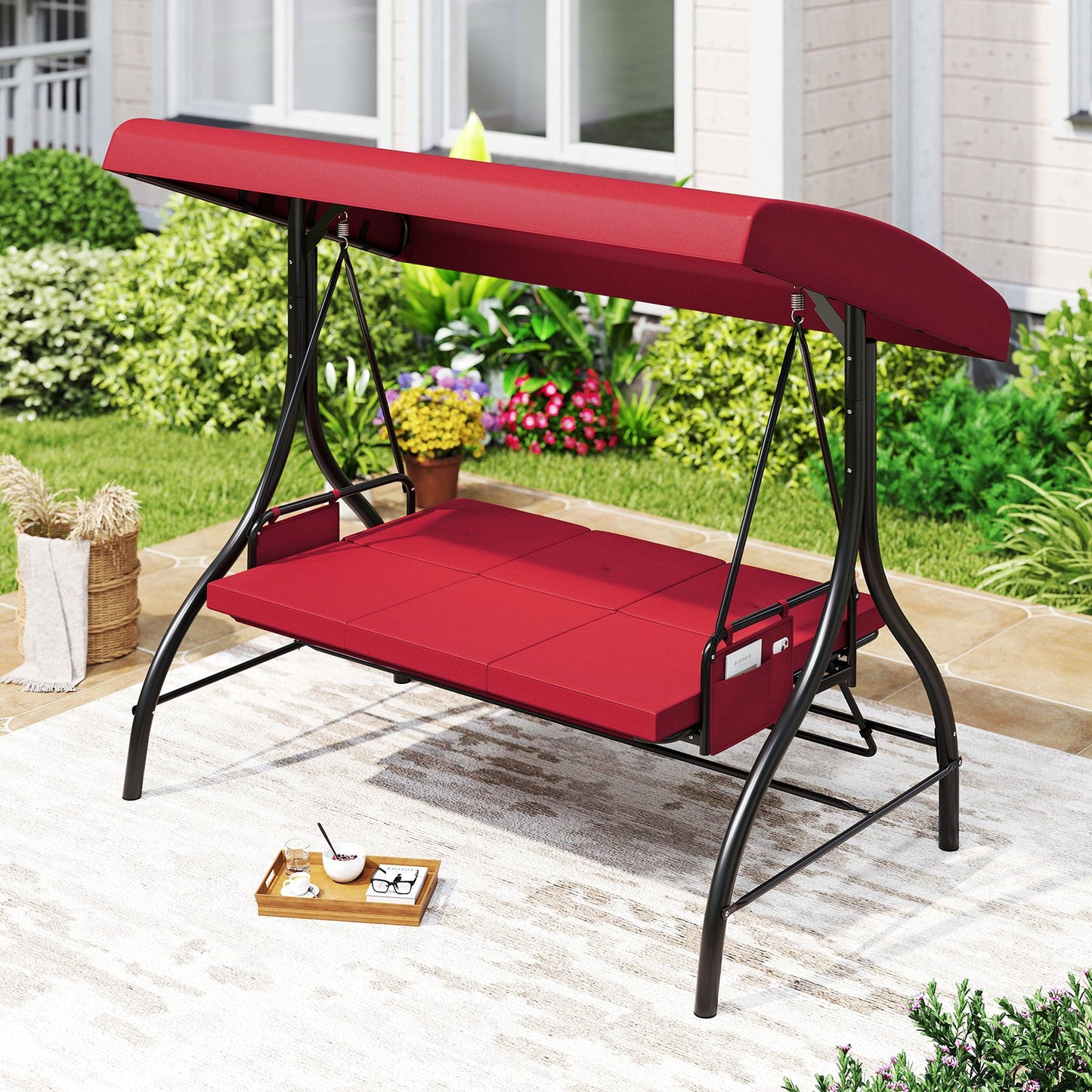3-Piece Patio Swing with Canopy Removable Cushions and Side Pockets-Beige