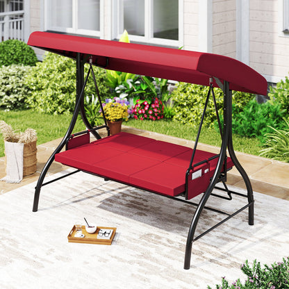 3-Piece Patio Swing with Canopy Removable Cushions and Side Pockets-Beige