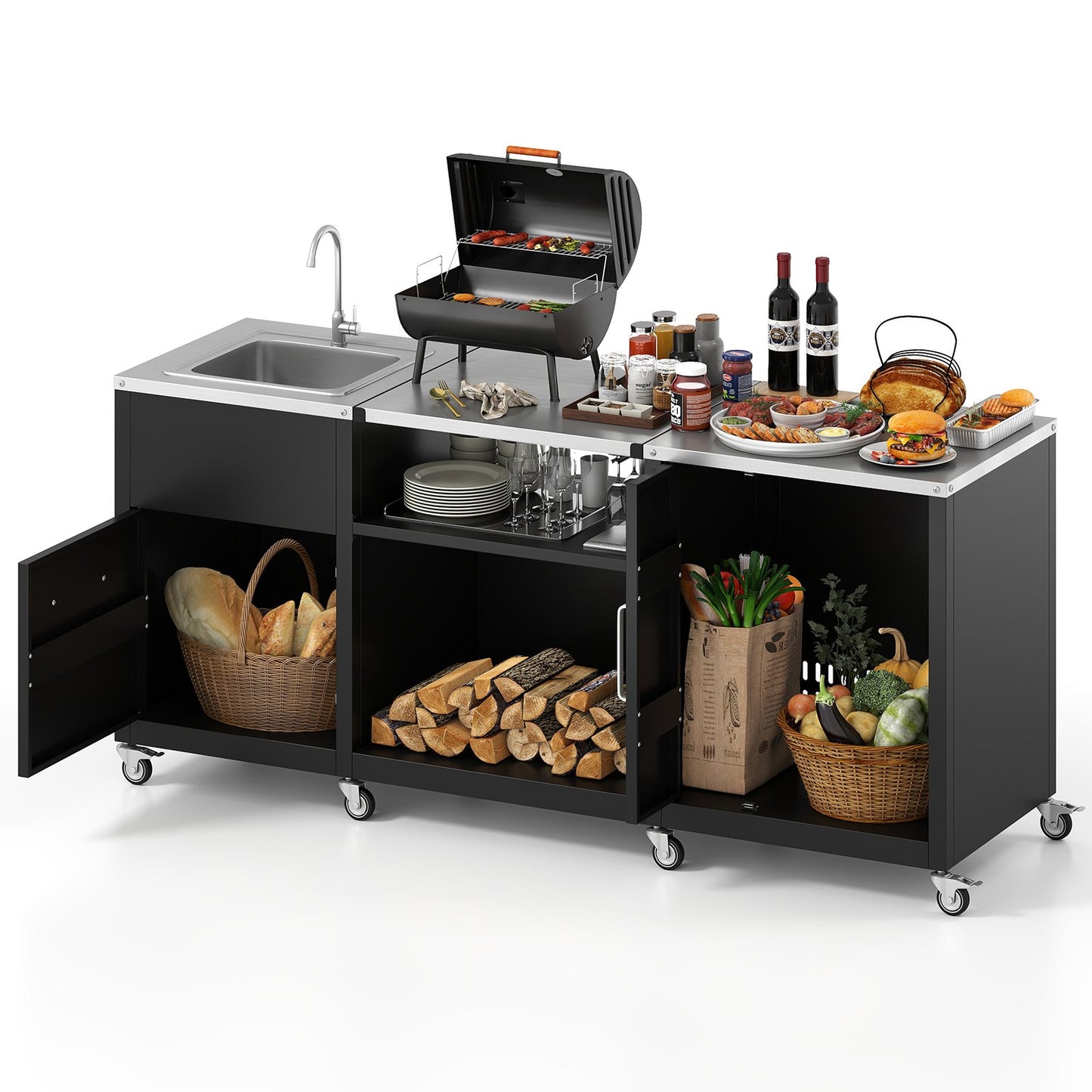 Outdoor Grill Table with Sink and Drainage Heavy Duty Metal Grill Cart-Black