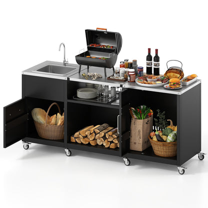 Outdoor Grill Table with Sink and Drainage Heavy Duty Metal Grill Cart-Black