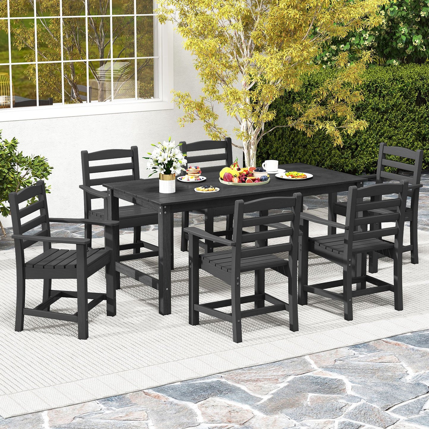 HDPE Outdoor Dining Table for 6 Person with Wood-Like Tabletop and Umbrella Hole-Black
