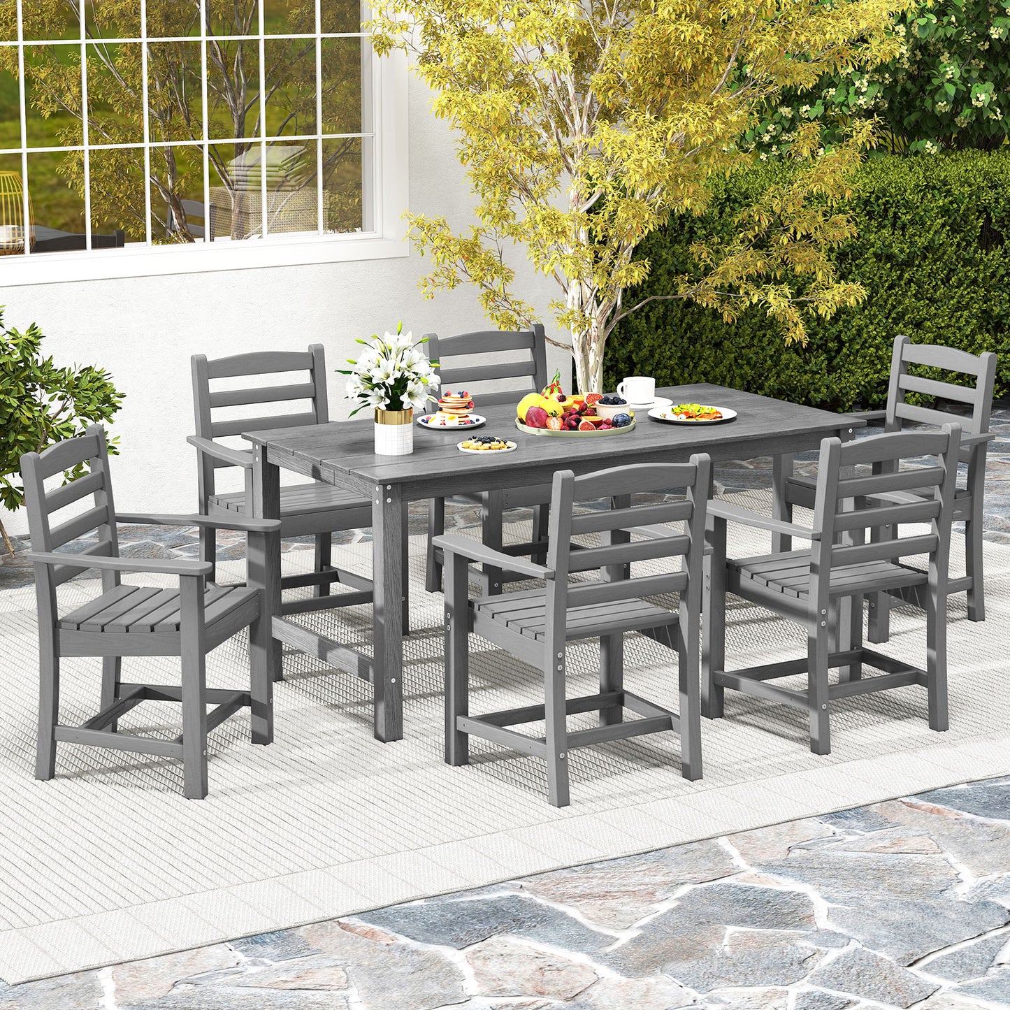 HDPE Outdoor Dining Table for 6 Person with Wood-Like Tabletop and Umbrella Hole-Black