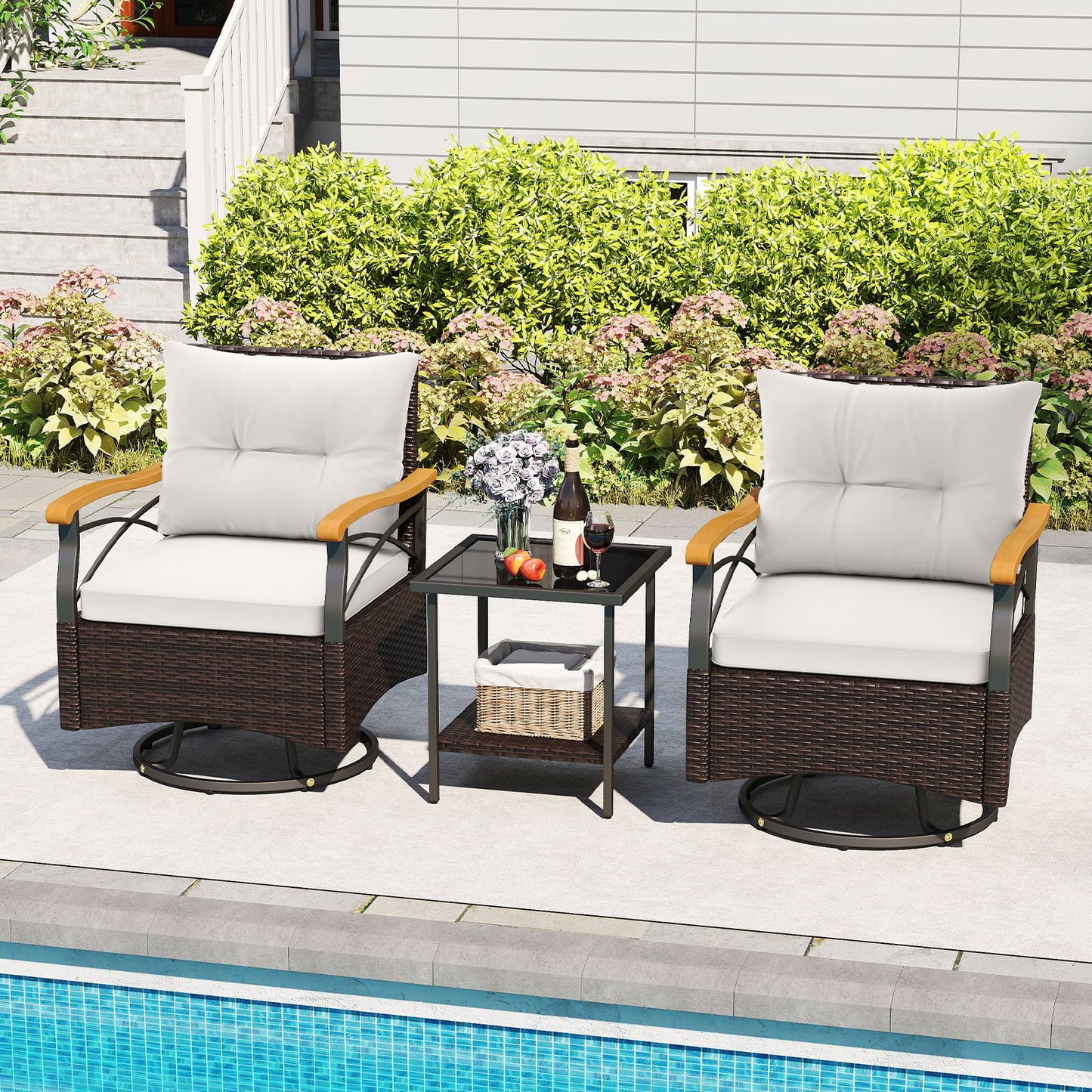 3 Piece Outdoor Swivel Chair Set with Tempered Glass Side Table-Gray