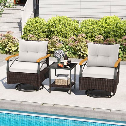 3 Piece Outdoor Swivel Chair Set with Tempered Glass Side Table-Gray