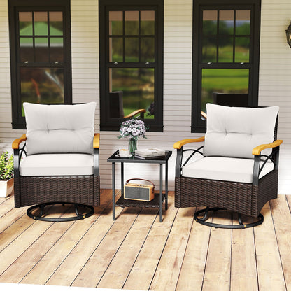3 Piece Outdoor Swivel Chair Set with Tempered Glass Side Table-Gray
