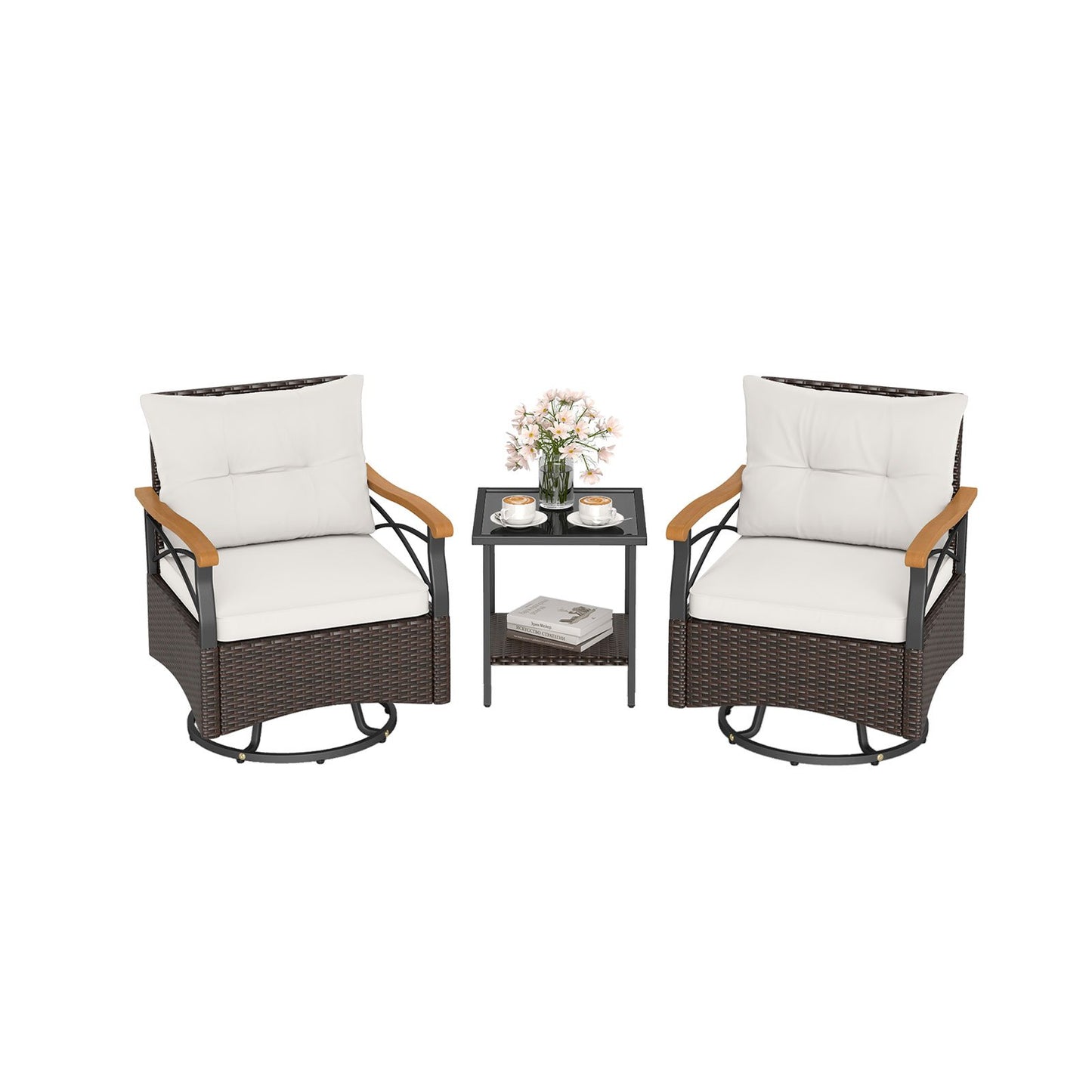 3 Piece Outdoor Swivel Chair Set with Tempered Glass Side Table-Gray