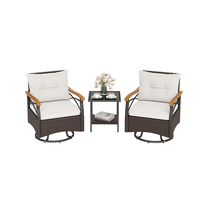 3 Piece Outdoor Swivel Chair Set with Tempered Glass Side Table-Gray