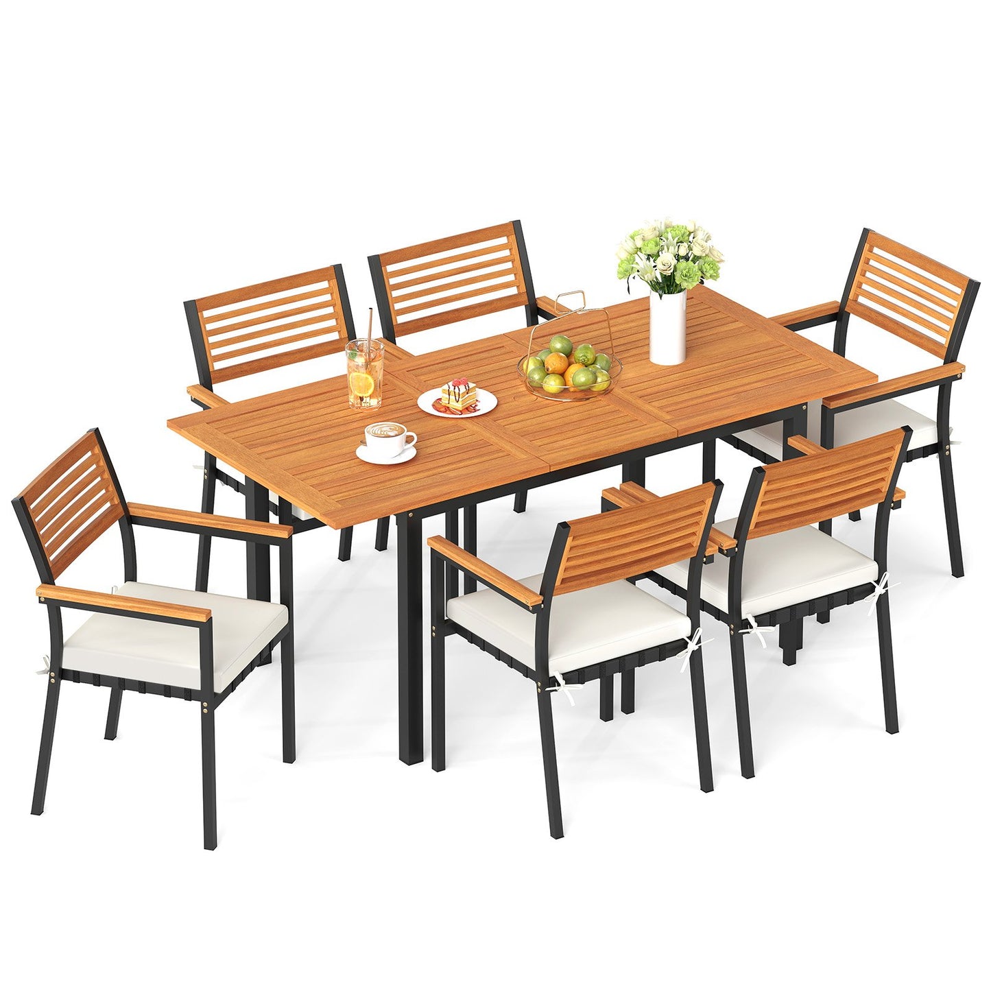 7-Piece Patio Dining Set Wood Metal with Seat Cushions and Umbrella Hole-White