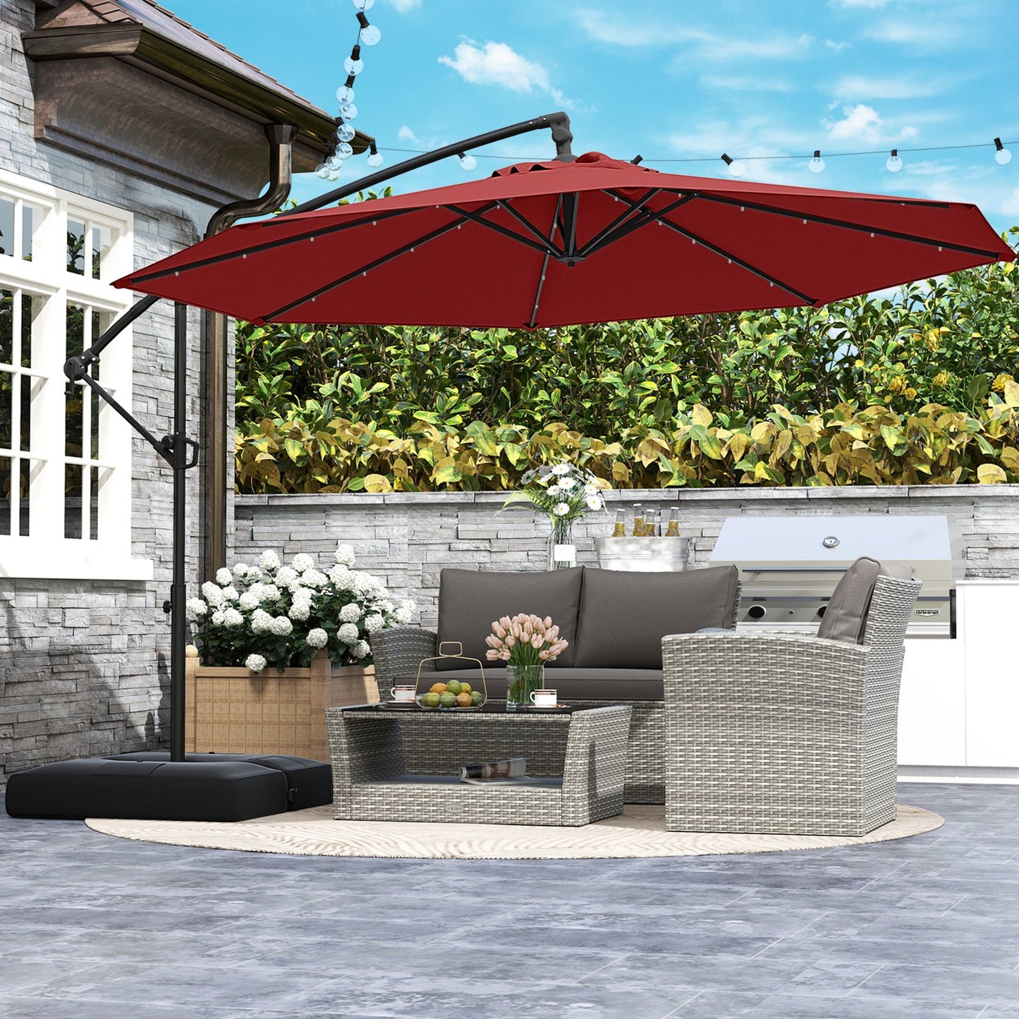 10 Feet Solar Offset Hanging Umbrella with Base and 32 LED Lights-Beige