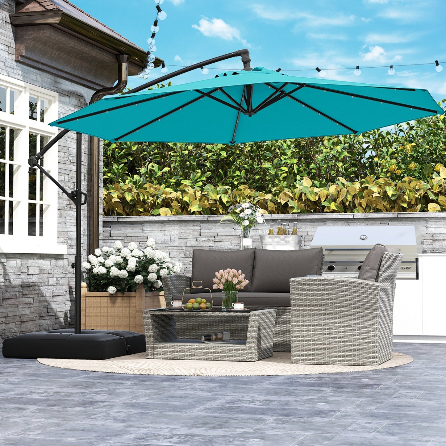 10 Feet Solar Offset Hanging Umbrella with Base and 32 LED Lights-Beige