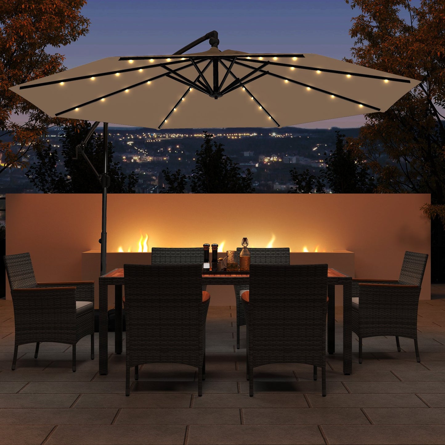 10 Feet Solar Offset Hanging Umbrella with Base and 32 LED Lights-Beige