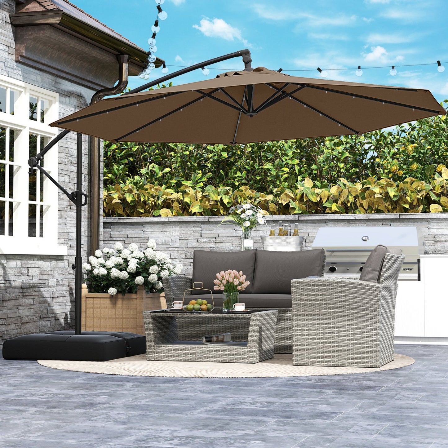 10 Feet Solar Offset Hanging Umbrella with Base and 32 LED Lights-Beige