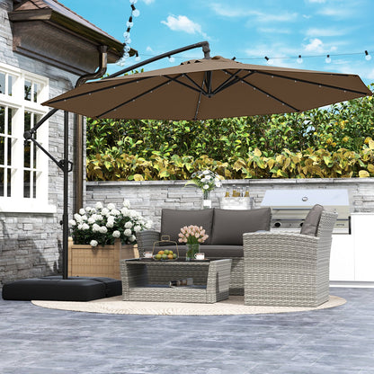 10 Feet Solar Offset Hanging Umbrella with Base and 32 LED Lights-Beige