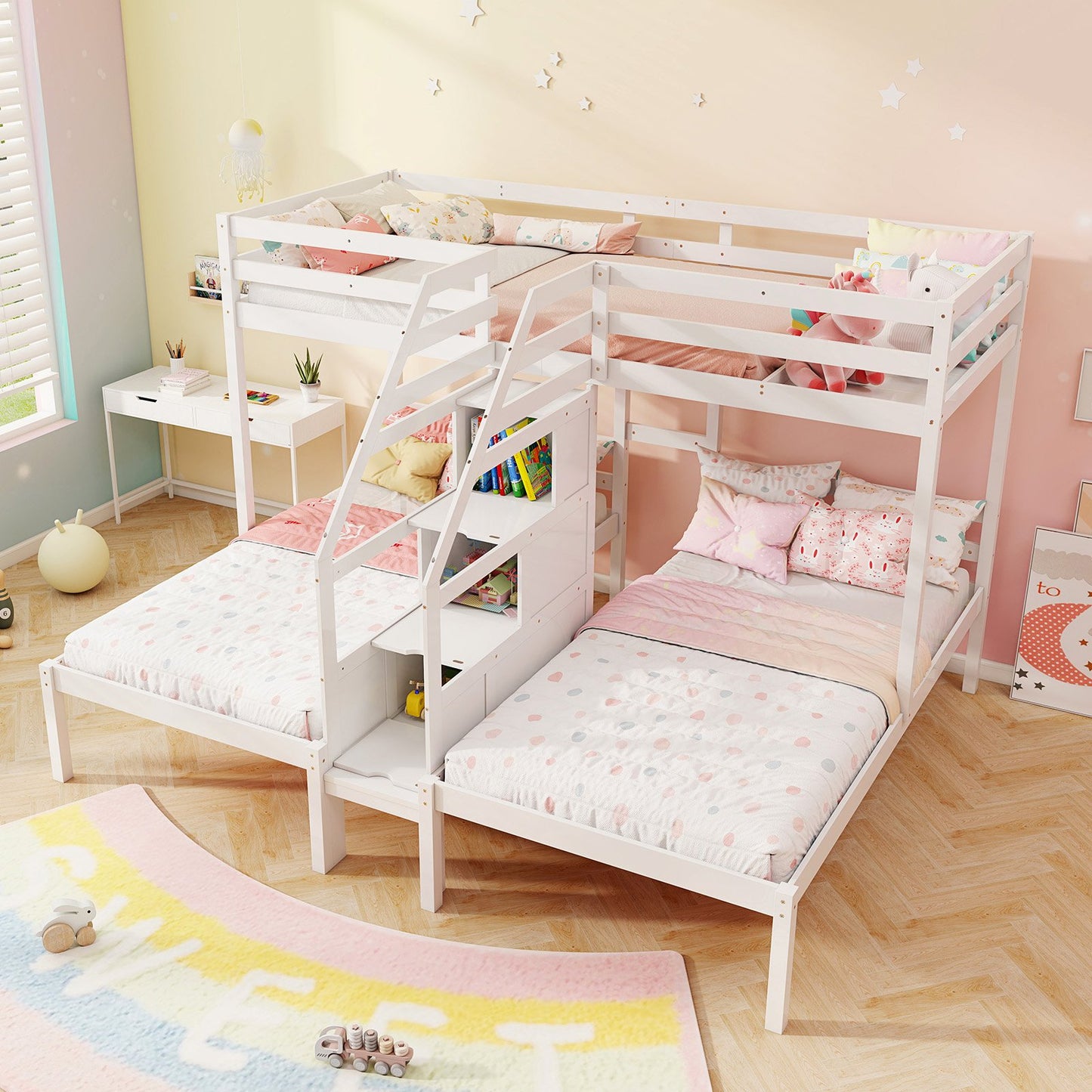 Twin Over Twin and Twin Bunk Bed with Storage Staircase and Guardrail for 3 Kids Teens-Gray
