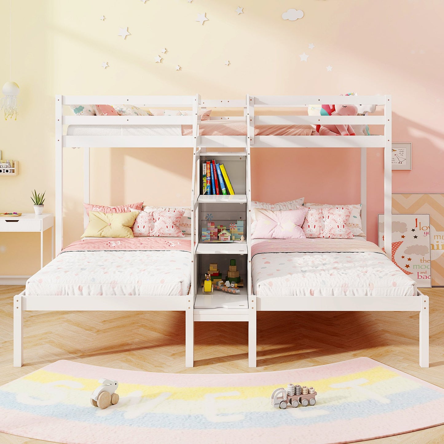 Twin Over Twin and Twin Bunk Bed with Storage Staircase and Guardrail for 3 Kids Teens-Gray
