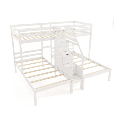 Twin Over Twin and Twin Bunk Bed with Storage Staircase and Guardrail for 3 Kids Teens-Gray