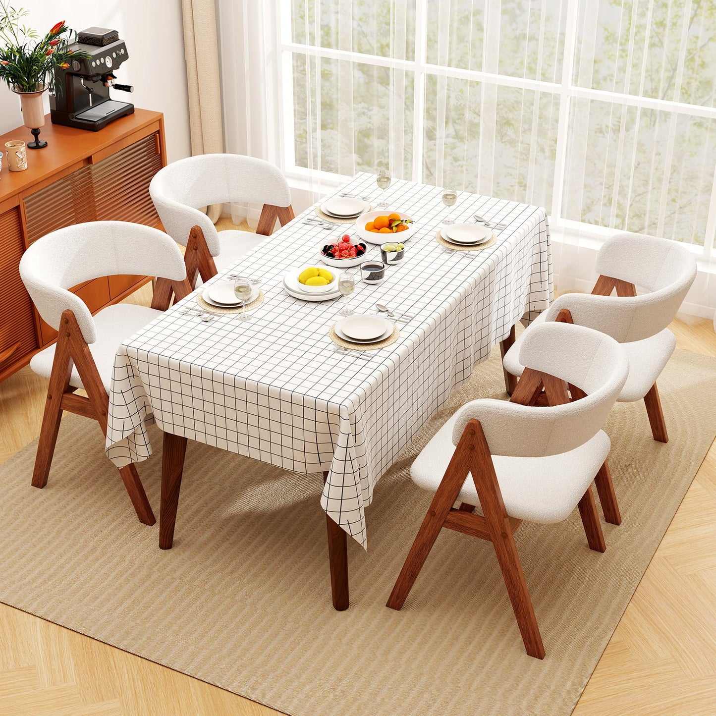 Wooden Dining Chair Set of 4 Mid-Century Modern Sherpa Upholstered Kitchen Dining Room Chairs-Black