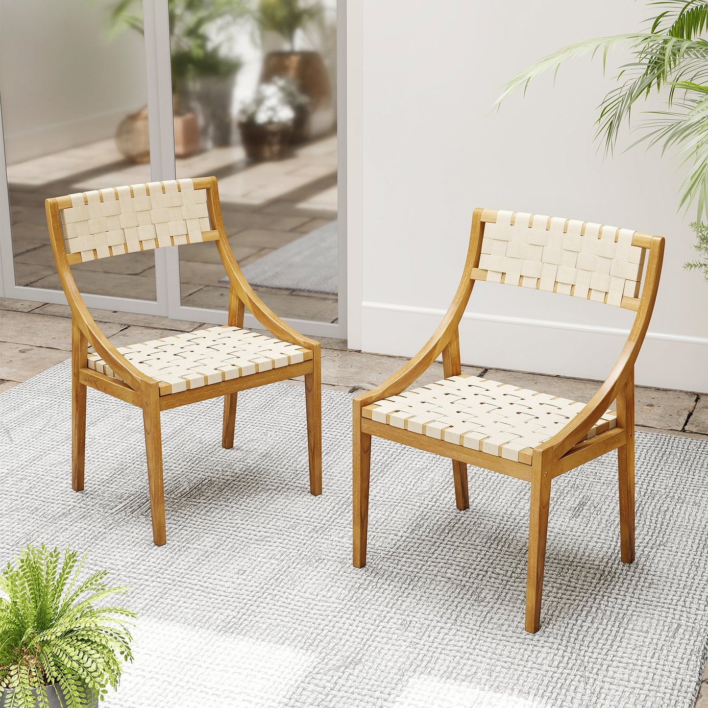 Outdoor Dining Chair Set of 4 with Webbing Seat and Backrest-Natural