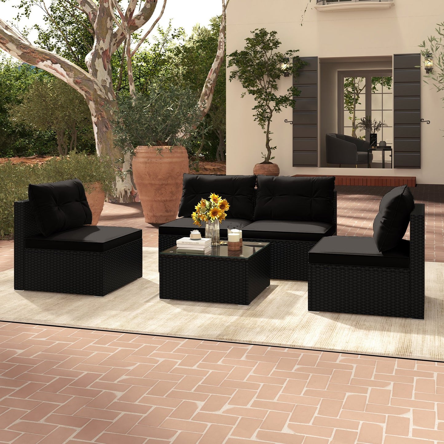 5-Piece Outdoor Patio Furniture Set with Cushions and Coffee Table-Black
