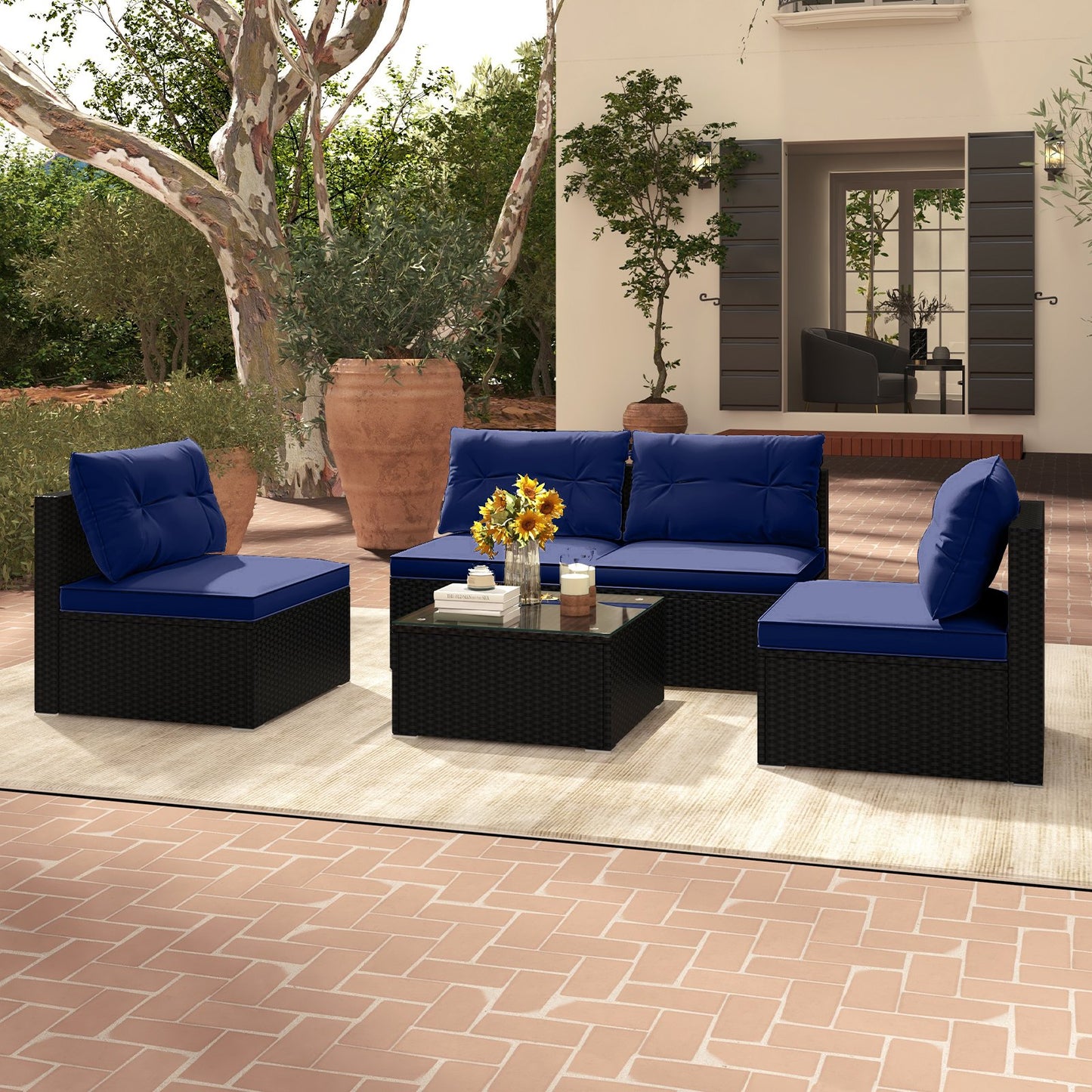5-Piece Outdoor Patio Furniture Set with Cushions and Coffee Table-Black