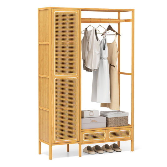 Bamboo Clothing Rack with Cabinet and Drawers and Hanging Rod-Natural