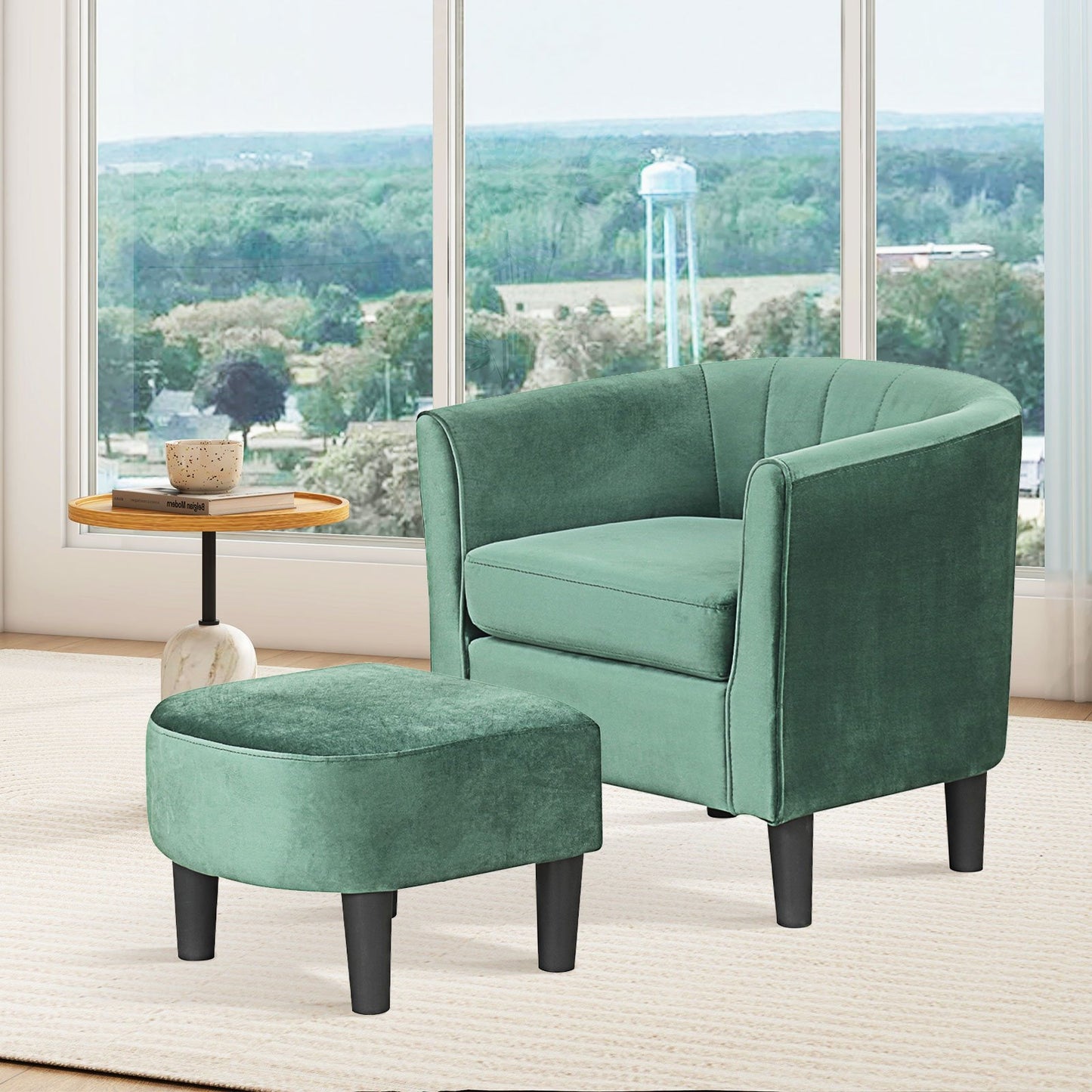 Upholstered Teddy Velvet Club Barrel Chair with Ottoman with Footrest-Beige