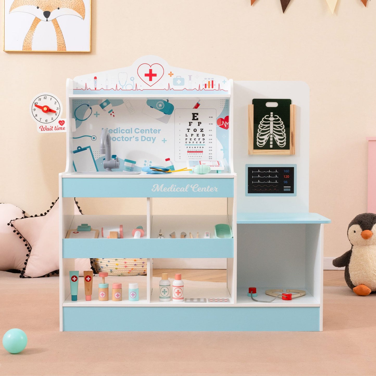 Wooden Doctor Playset with Stethoscope for Toddlers over 3 Years Old-Blue