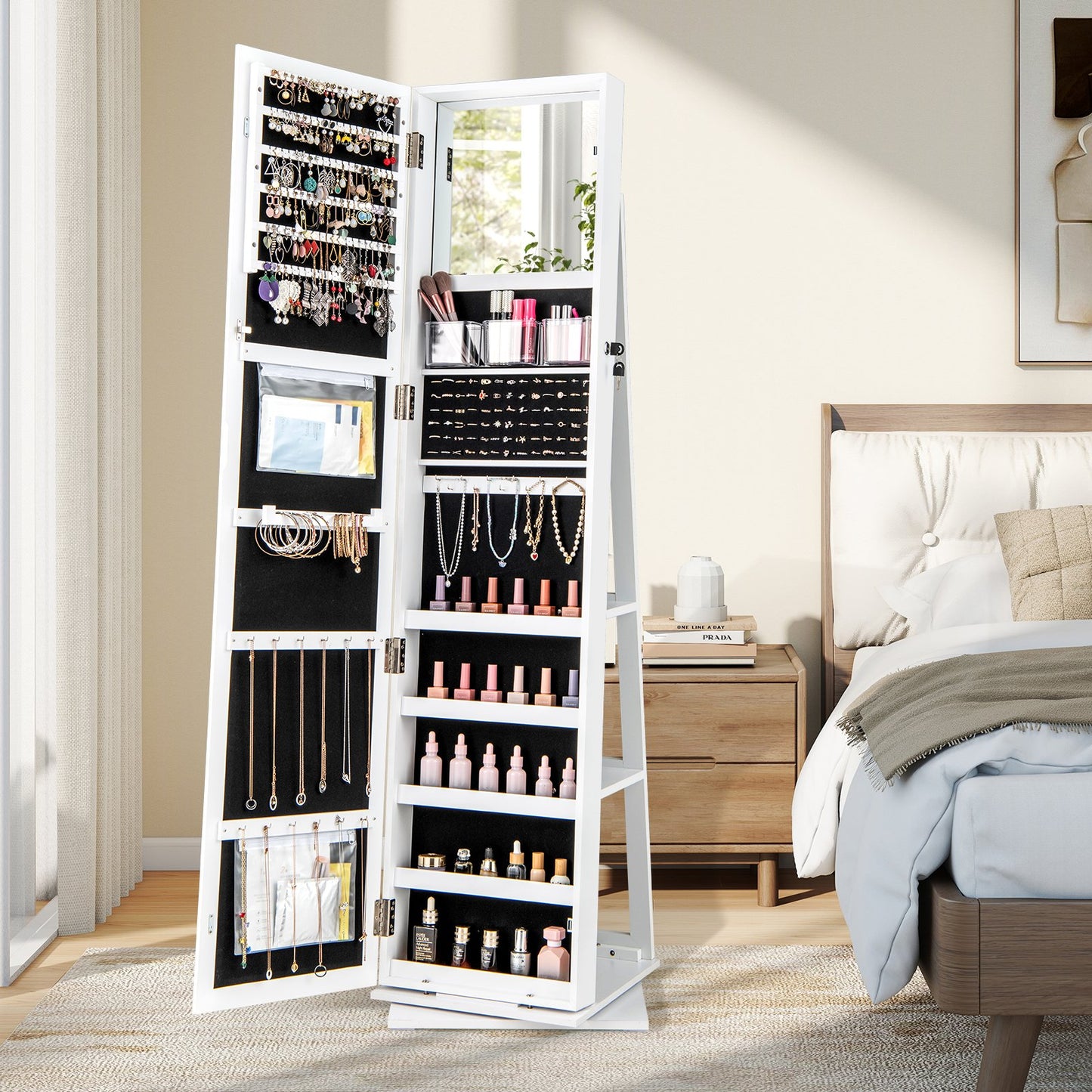 360° Swivel Jewelry Armoire Standing Jewelry Organizer with Full Length Mirror and Back Shelves-Rustic Brown