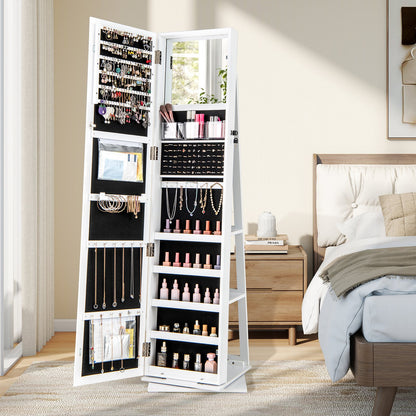 360° Swivel Jewelry Armoire Standing Jewelry Organizer with Full Length Mirror and Back Shelves-Rustic Brown