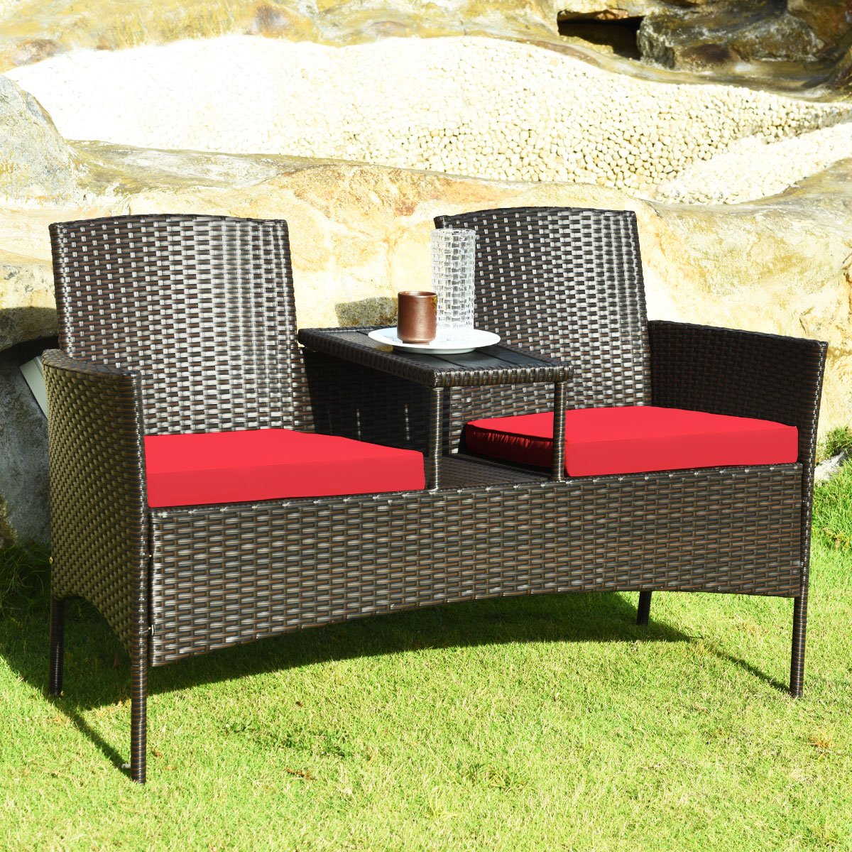 Wicker Patio Conversation Furniture Set with Removable Cushions and Table-Red