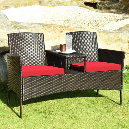 Wicker Patio Conversation Furniture Set with Removable Cushions and Table-Red