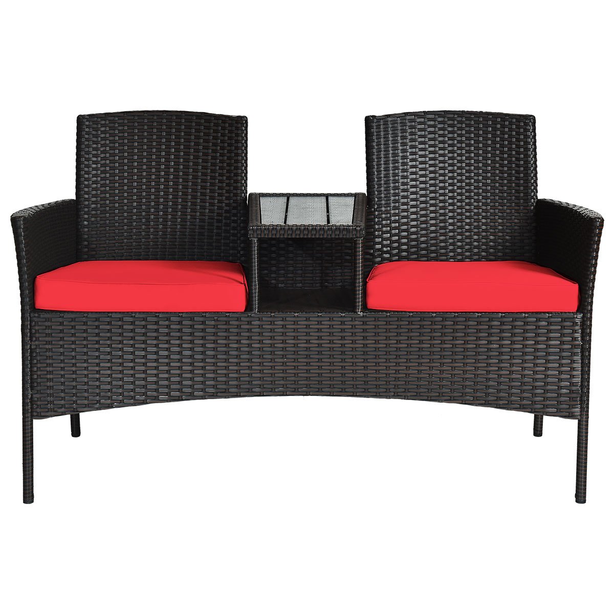 Wicker Patio Conversation Furniture Set with Removable Cushions and Table-Red