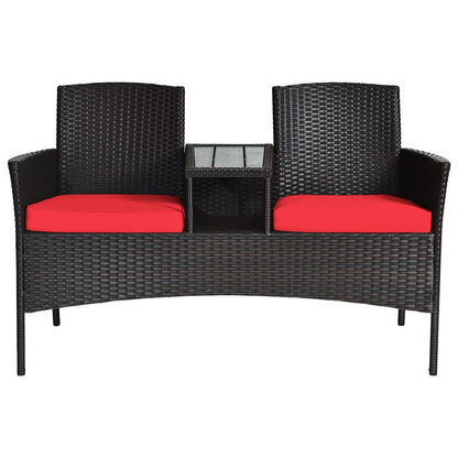 Wicker Patio Conversation Furniture Set with Removable Cushions and Table-Red