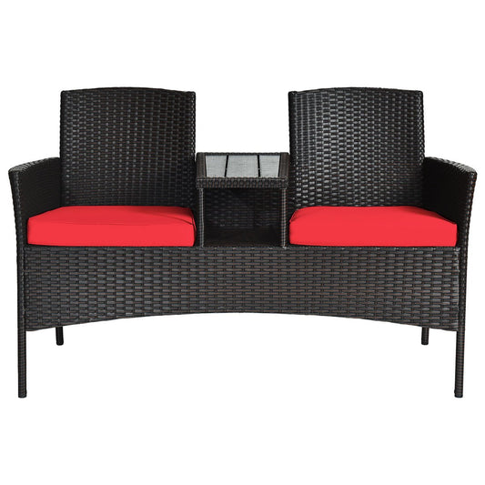 Wicker Patio Conversation Furniture Set with Removable Cushions and Table-Red