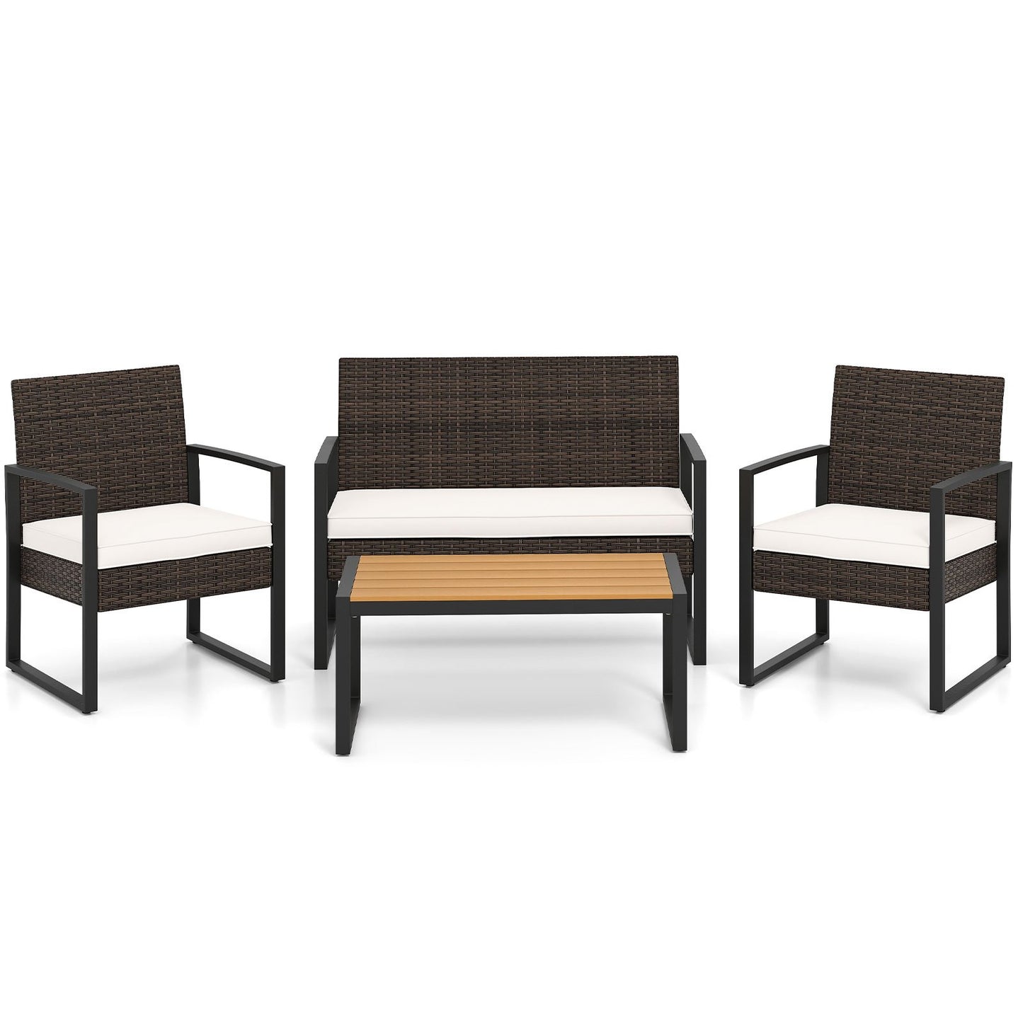 4 Piece Patio Furniture Set Outdoor Rattan Conversation Set with Cushioned Chairs and Wood Plastic Coffee Table-Off White