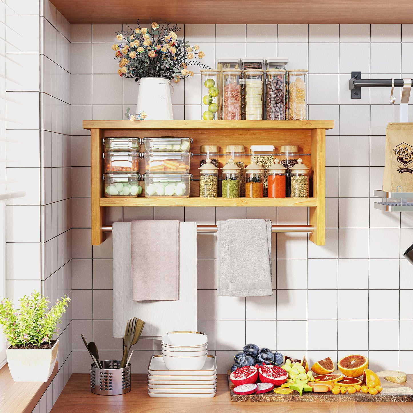 Wall-Mounted 2-Tier Solid Teak Wood Bathroom Shelf with Towel Bar